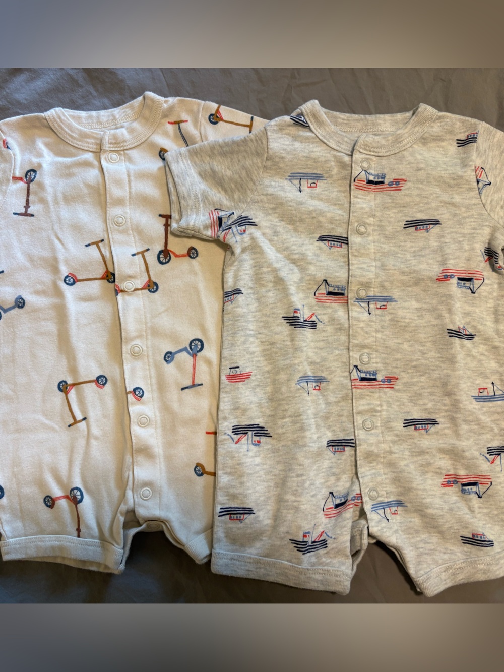 Carter's 6M Snap Short-Sleeve Romper Bundle - Cream Scooter & Grey Boat